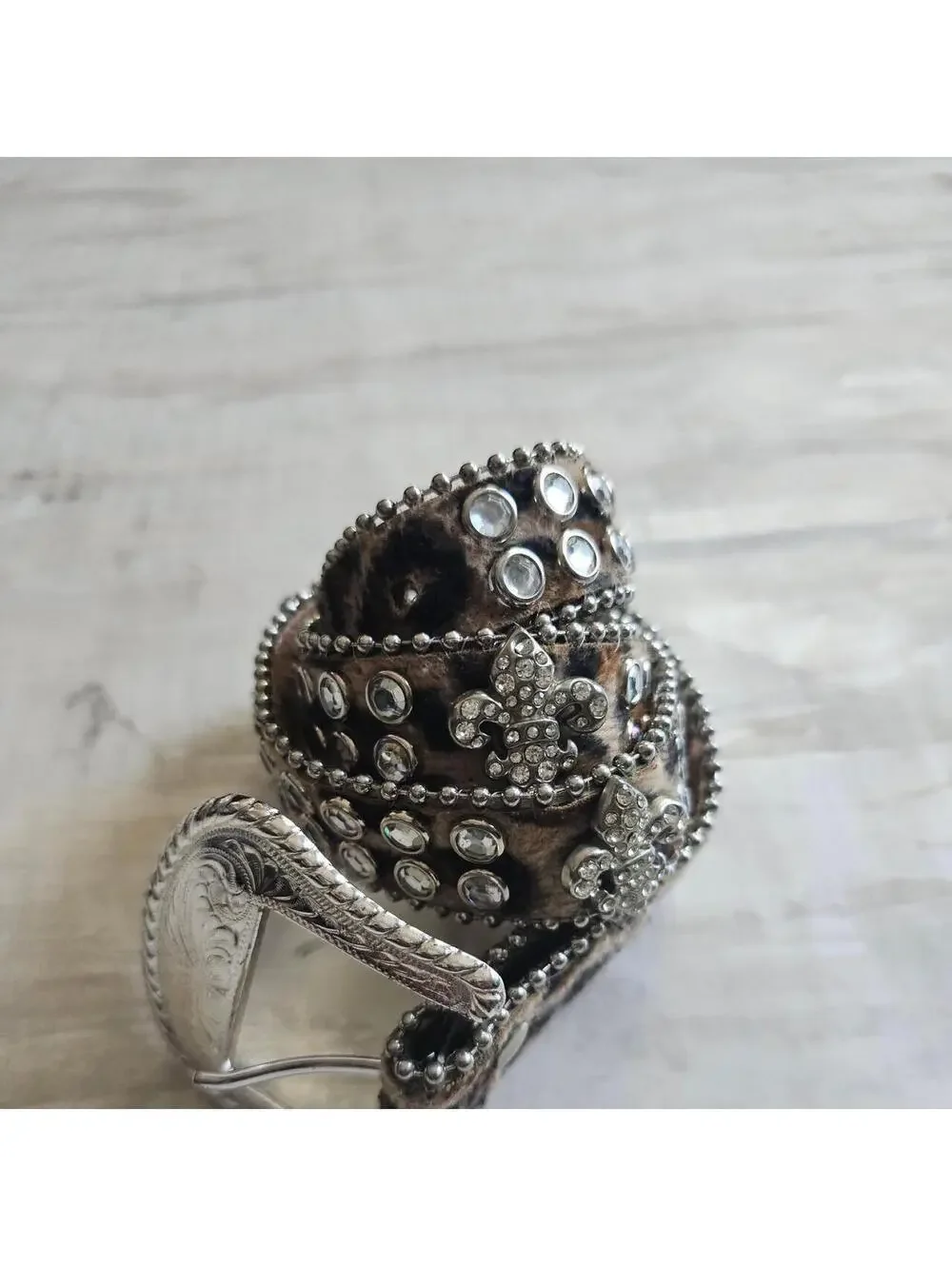 y2k Leopard Print Studded Rhinestone Belt Brown Silver Western